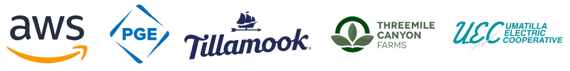 AWS, PGE, Tillamook, Threemile Canyon Farms, and Umatilla Electric Cooperative logos